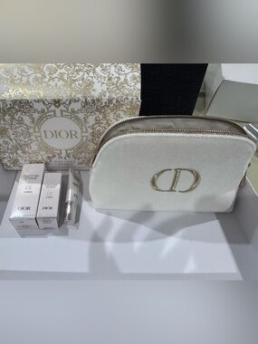 Dior white velvet cosmetic pouch and serum samplers